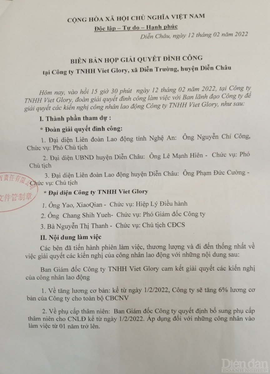 Tăng lương lên 6%, tất cả công nhân Viet Glory đã quay lại làm việc Tăng lương lên 6%, tất cả công nhân Viet Glory đã quay lại làm việc