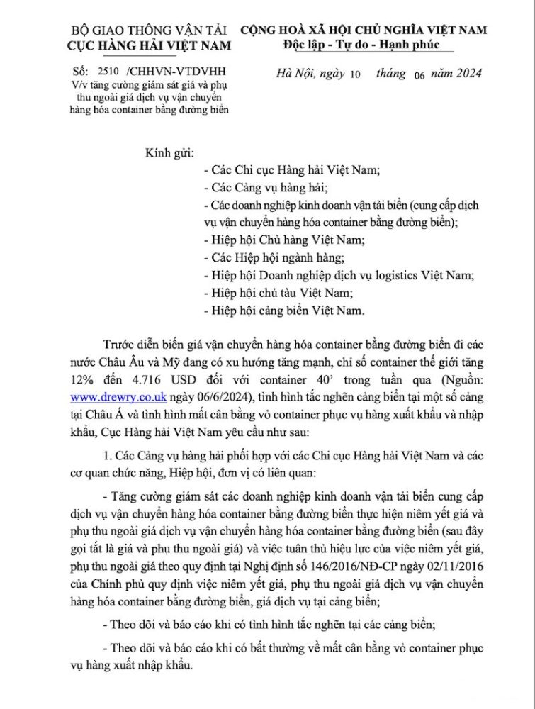 Giá cước tàu biển lại tăng vọt, Cục Hàng hải yêu cầu tăng cường giám sát Giá cước tàu biển lại tăng vọt, Cục Hàng hải yêu cầu tăng cường giám sát
