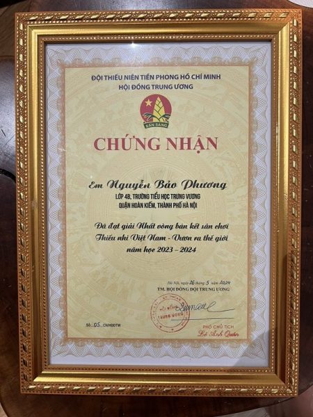 Nguyễn Bảo Phương đạt giải Nhất vòng bán kết sân chơi “thiếu nhi Việt Nam vươn ra thế giới” Nguyễn Bảo Phương đạt giải Nhất vòng bán kết sân chơi “thiếu nhi Việt Nam vươn ra thế giới”