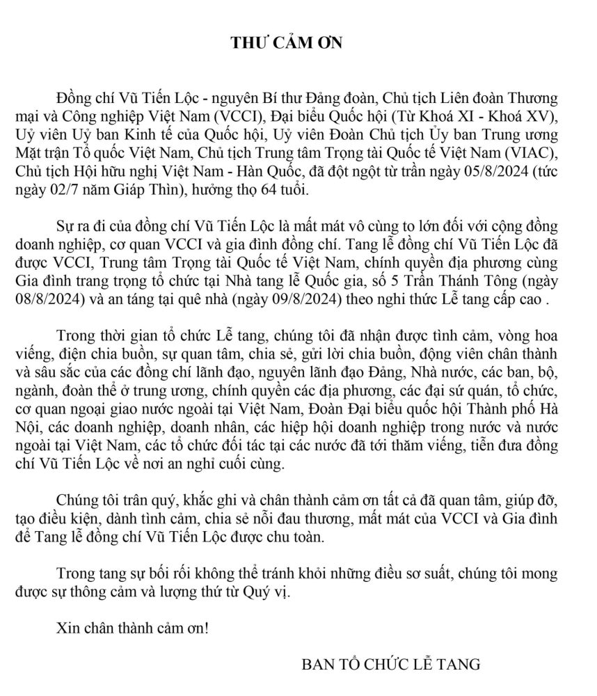 Lời cảm ơn của Ban tổ chức Lễ tang Tiến sĩ Vũ Tiến Lộc Lời cảm ơn của Ban tổ chức Lễ tang Tiến sĩ Vũ Tiến Lộc