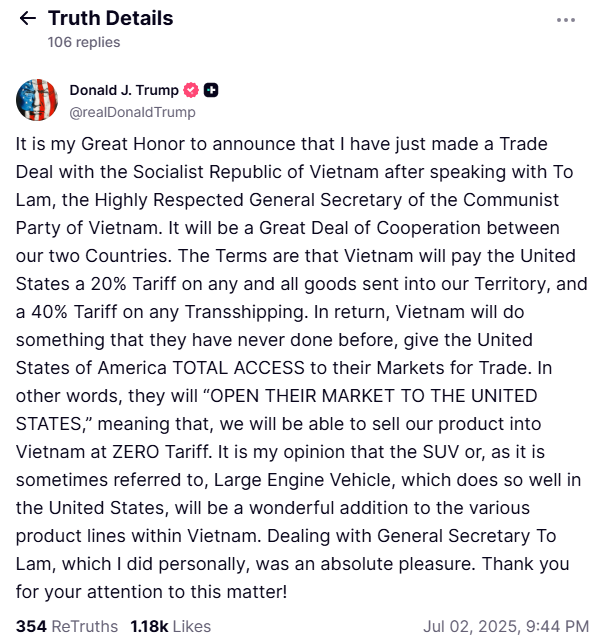 Ông Trump tuyên bố đạt thỏa thuận thương mại với Việt Nam, giảm mạnh thuế quan Ông Trump tuyên bố đạt thỏa thuận thương mại với Việt Nam, giảm mạnh thuế quan