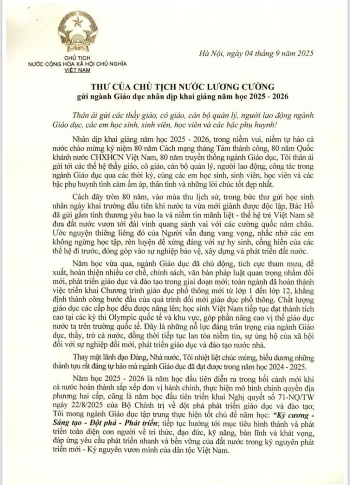 Thư của Chủ tịch nước Lương Cường gửi ngành Giáo dục nhân dịp khai giảng năm học 2025-2026