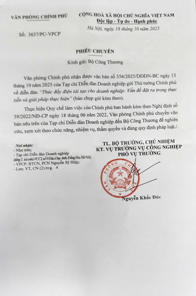 Văn phòng Chính phủ đề nghị Bộ Công Thương nghiên cứu, xem xét kiến nghị về điện tái tạo